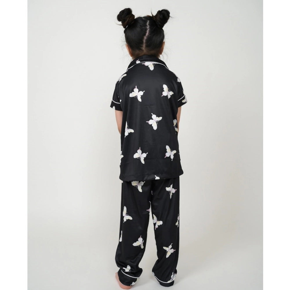 HamariDookan Girl's Silk Bleand Printed Short Sleeve Night Suit Set (Black)