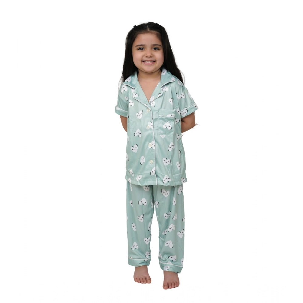 HamariDookan Girl's Silk Bleand Printed Short Sleeve Night Suit Set (Light Green)