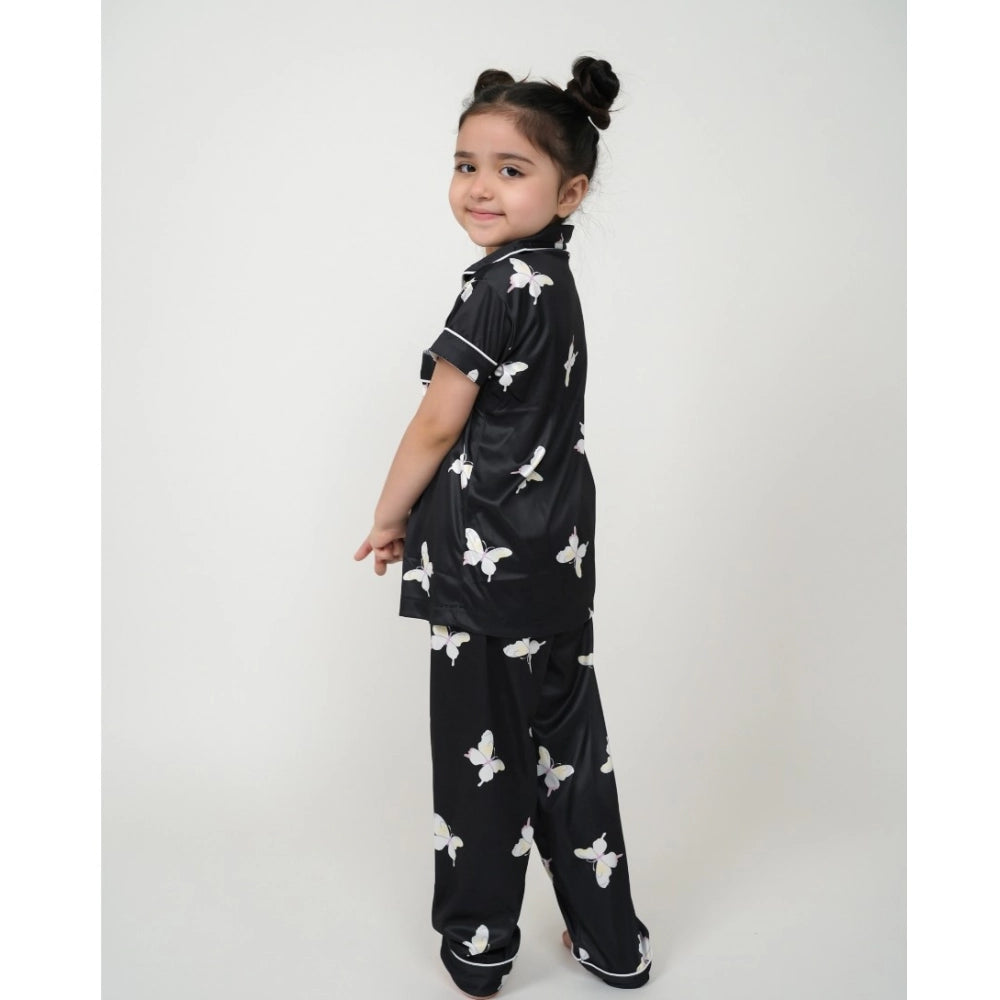 HamariDookan Girl's Silk Bleand Printed Short Sleeve Night Suit Set (Black)
