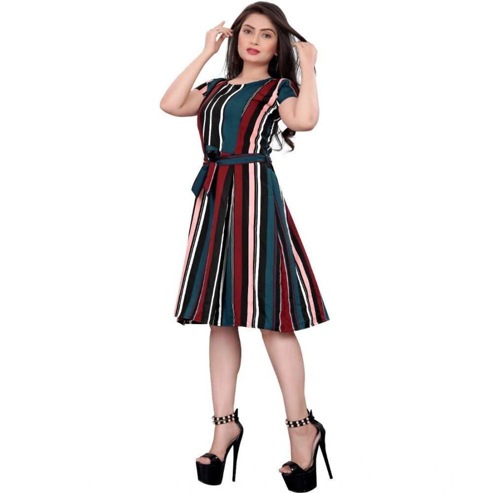 HD Women's Crep Striped Short Sleeve Dress (Red-Blue )