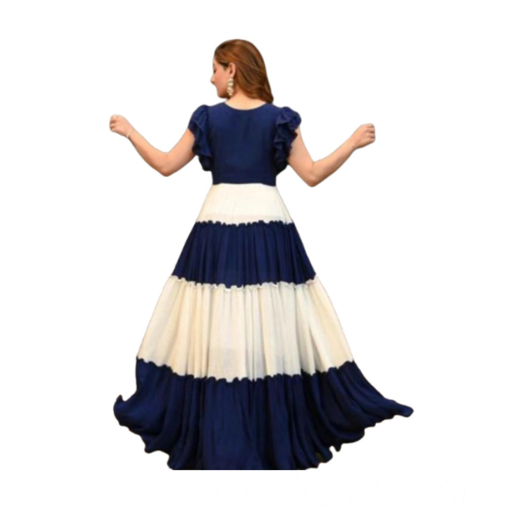 HD Women's Georgette Solid Half Sleeve Gown (Blue-White)
