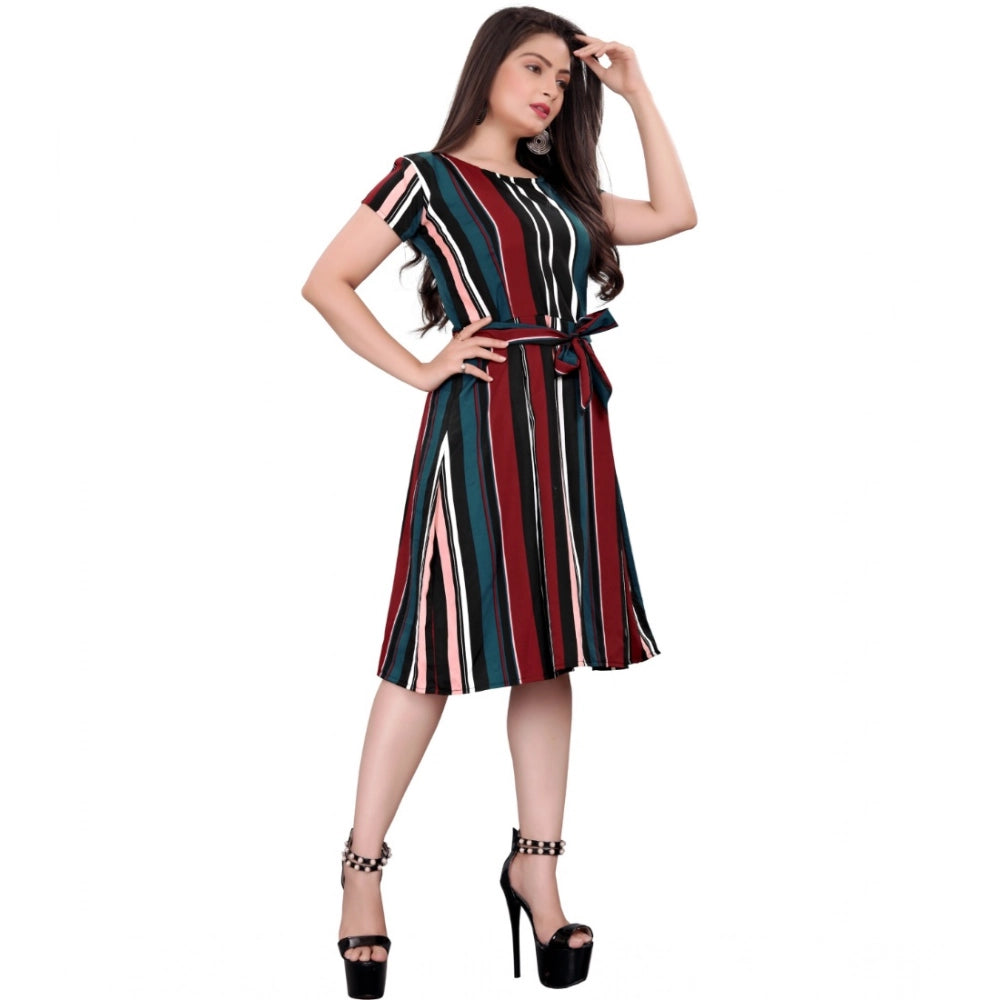 HD Women's Crep Striped Short Sleeve Dress (Red-Blue )