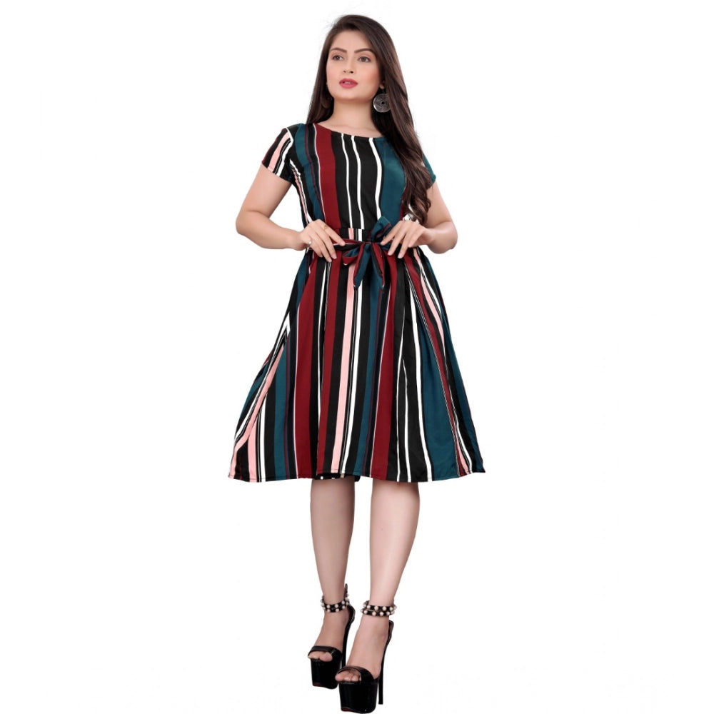 HD Women's Crep Striped Short Sleeve Dress (Red-Blue )