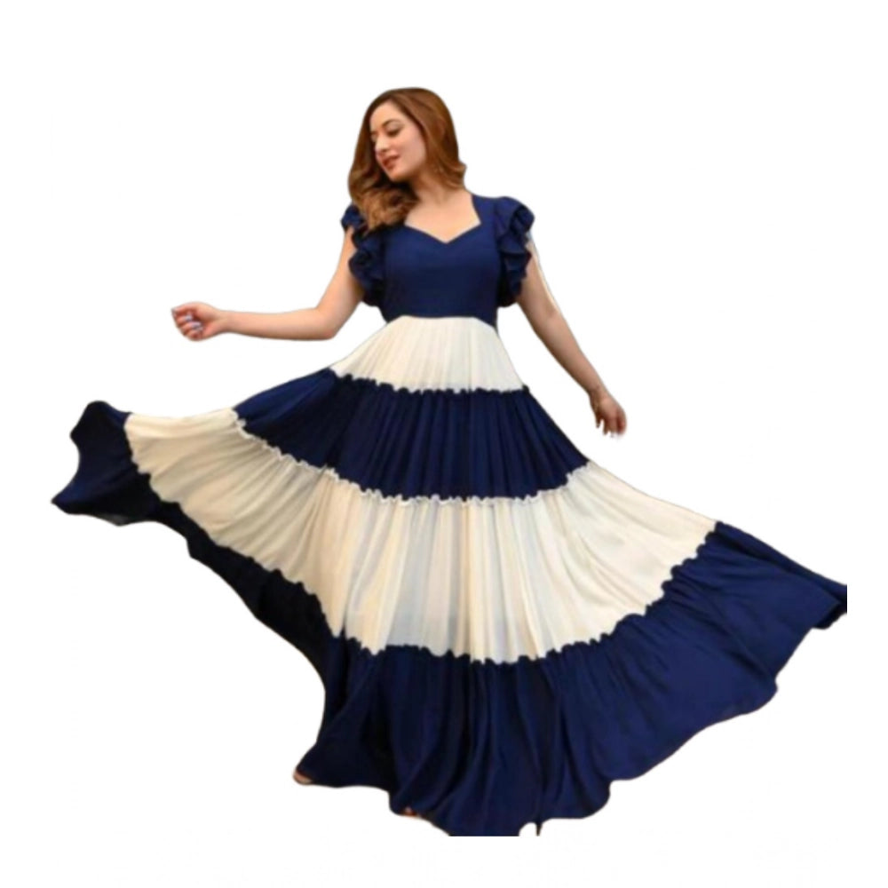 HD Women's Georgette Solid Half Sleeve Gown (Blue-White)