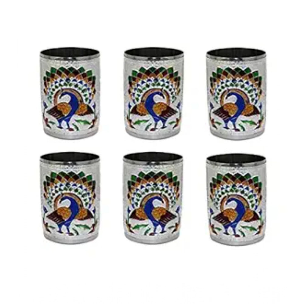 HamariDookan Steel Meenakari Peacock Design Decorative Glass Set (Silver)