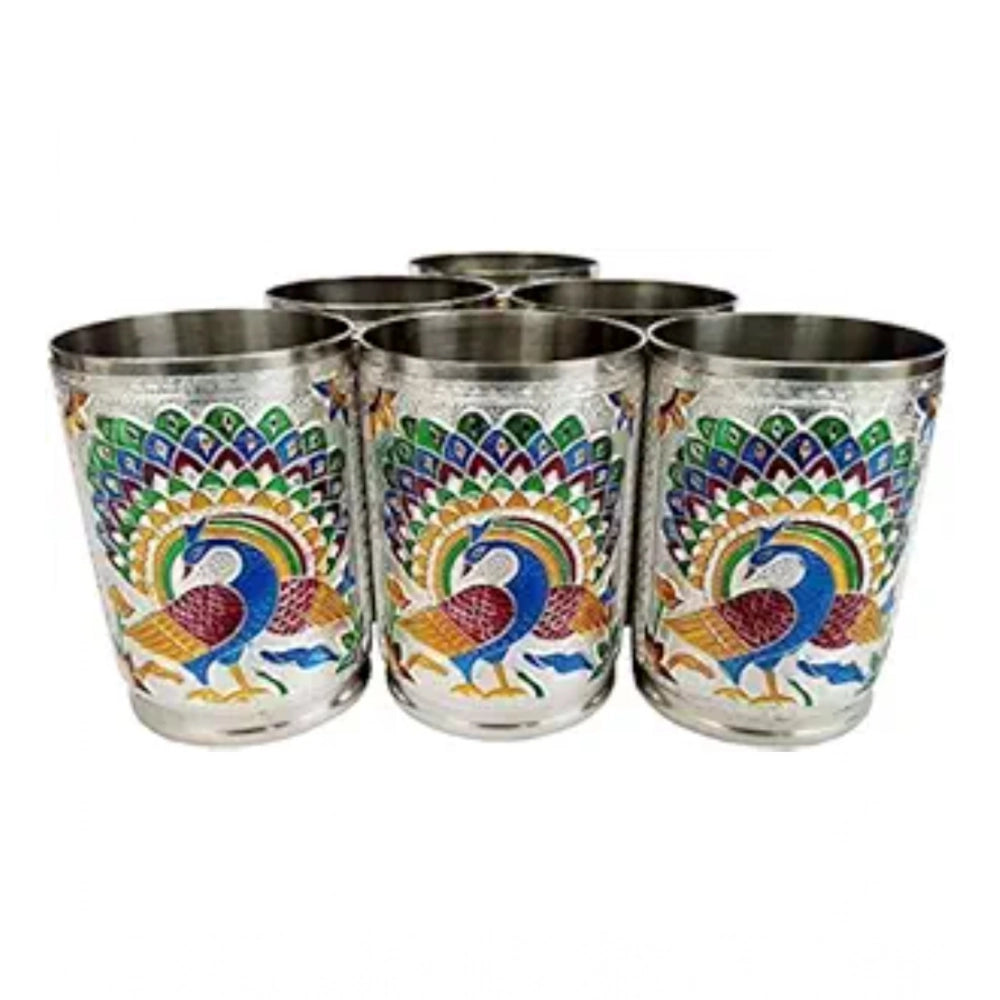 HamariDookan Steel Meenakari Peacock Design Decorative Glass Set (Silver)
