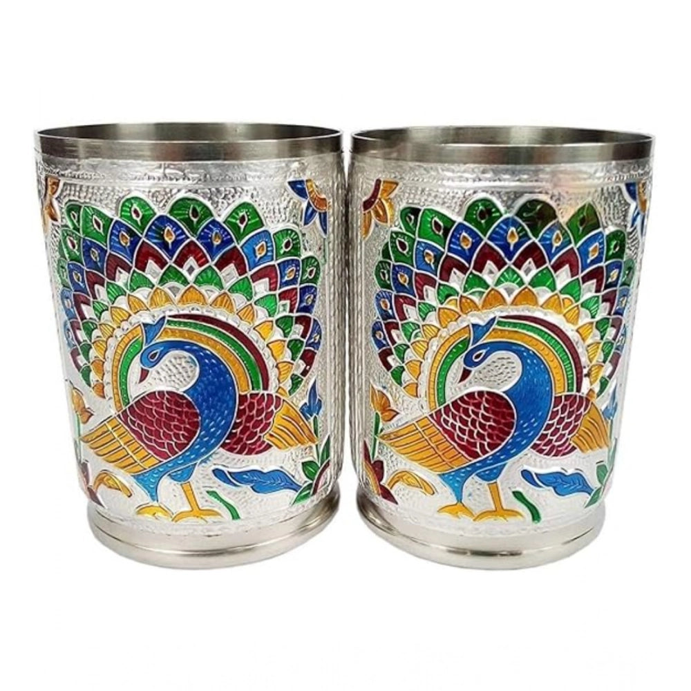 HamariDookan Steel Meenakari Peacock Design Decorative Glass Set (Silver)