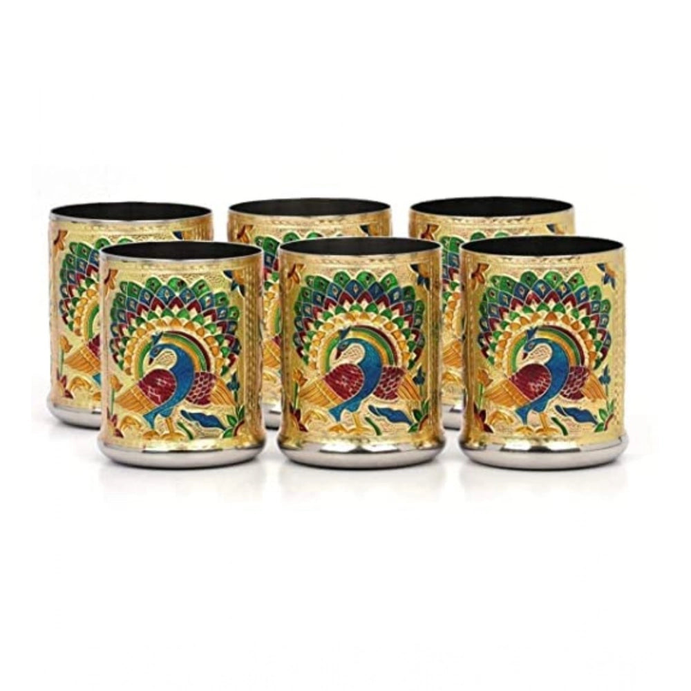 HamariDookan Steel Meenakari Peacock Design Decorative Glass Set (Gold)