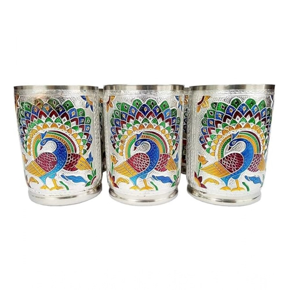 HamariDookan Steel Meenakari Peacock Design Decorative Glass Set (Silver)
