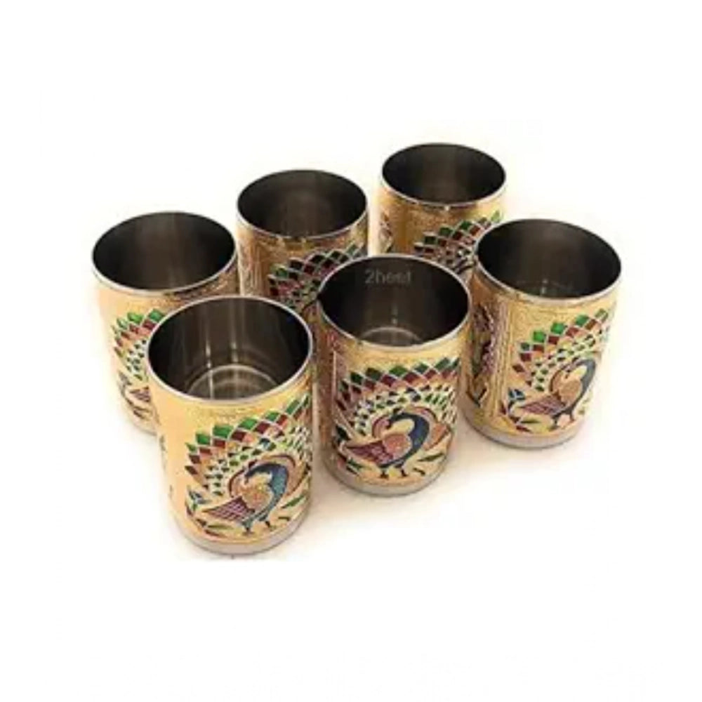 HamariDookan Steel Meenakari Peacock Design Decorative Glass Set (Gold)