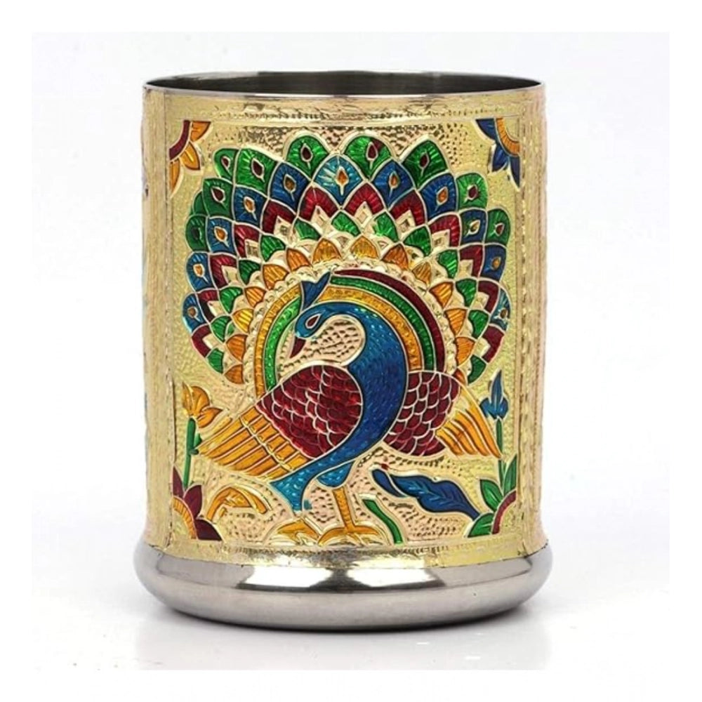 HamariDookan Steel Meenakari Peacock Design Decorative Glass Set (Gold)