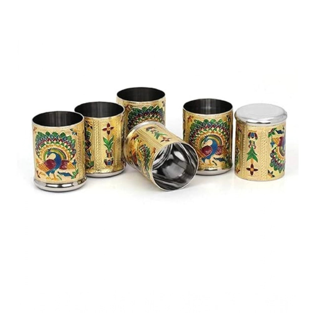 HamariDookan Steel Meenakari Peacock Design Decorative Glass Set (Gold)