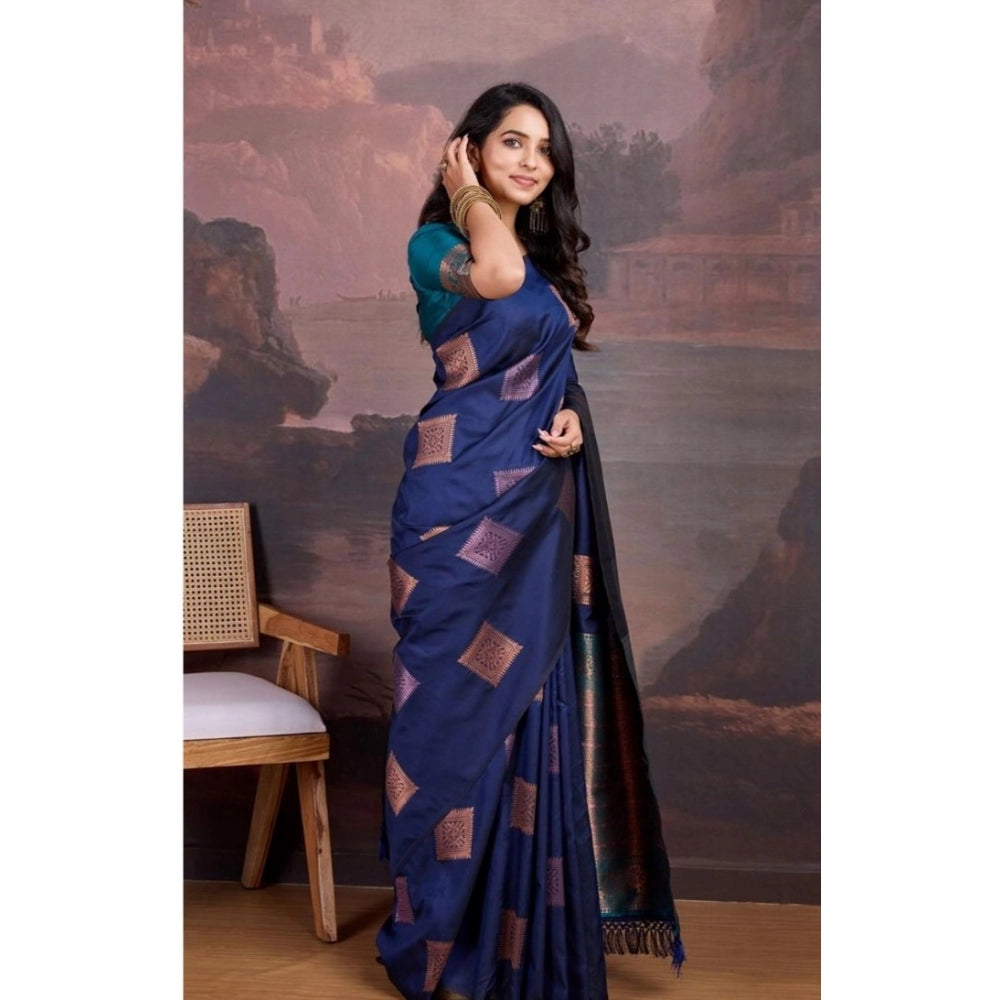Women's Silk Printed Saree With Unstitched Blouse 5.5Mtr (Navy Blue)