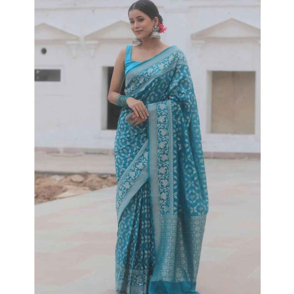 Women's Silk Printed Saree With Unstitched Blouse 5.5Mtr (Sky Blue)