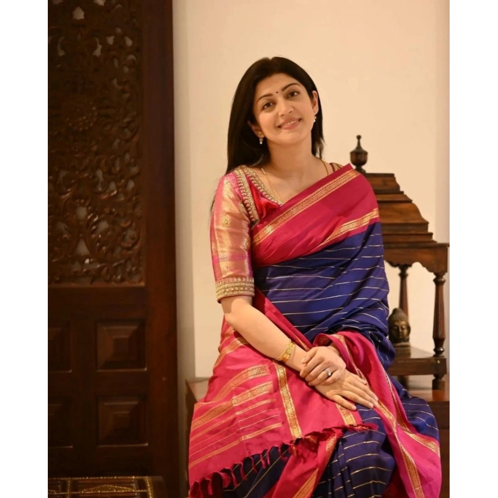 Women's Silk Printed Saree With Unstitched Blouse 5.5Mtr (Navy Blue)