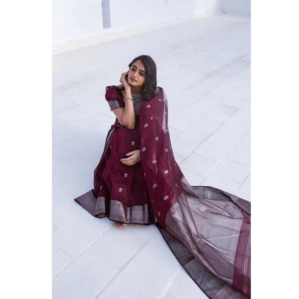 Women's Cotton  Printed Saree With Unstitched Blouse 5.5Mtr (Maroon)