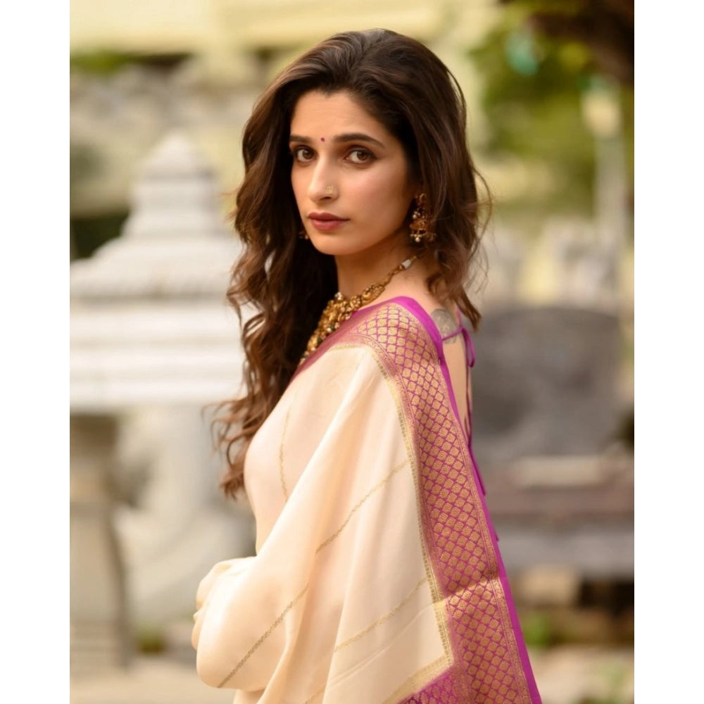 Women's Silk Printed Saree With Unstitched Blouse 5.5Mtr (Off White-Pink)
