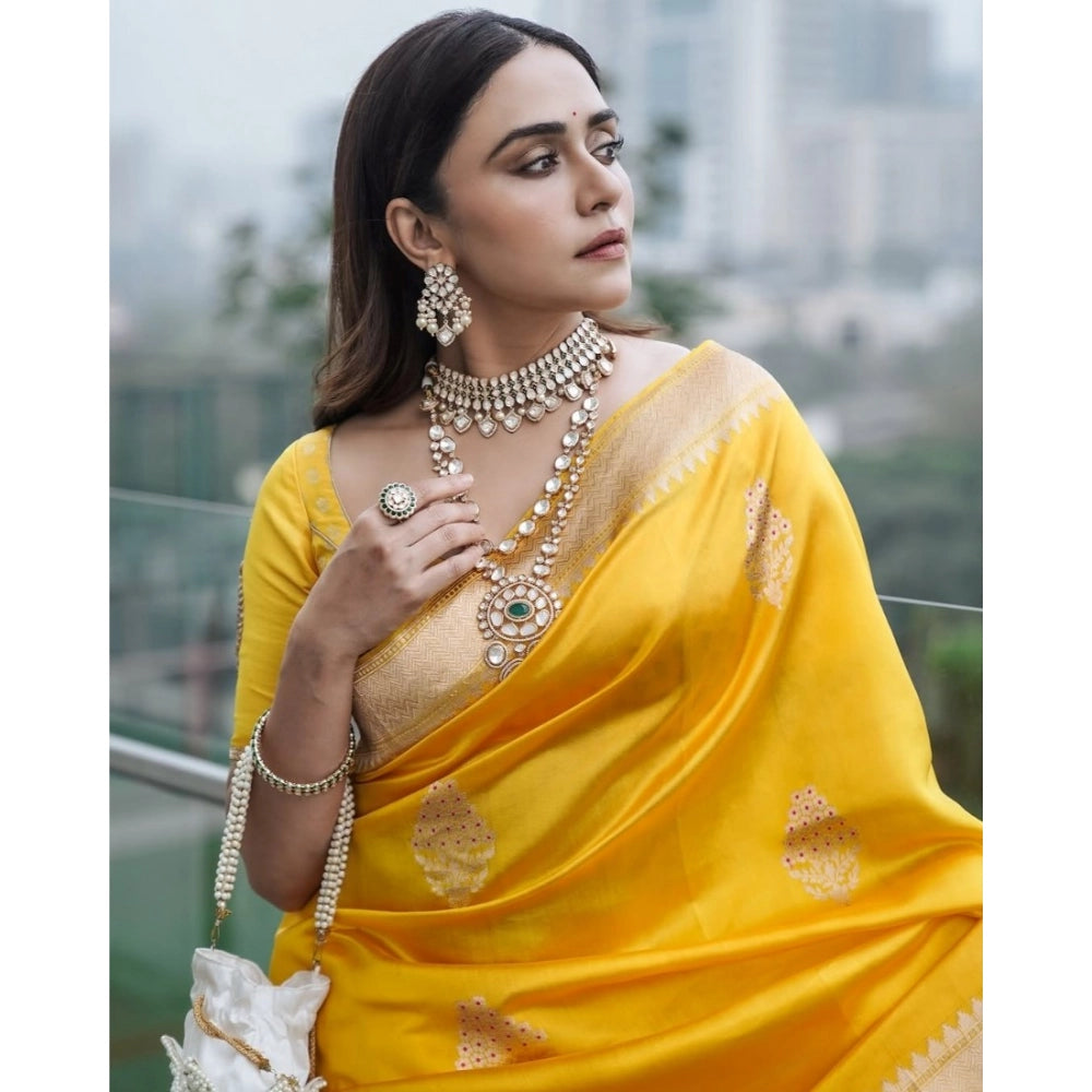 Women's Silk Printed Saree With Unstitched Blouse 5.5Mtr (Yellow)