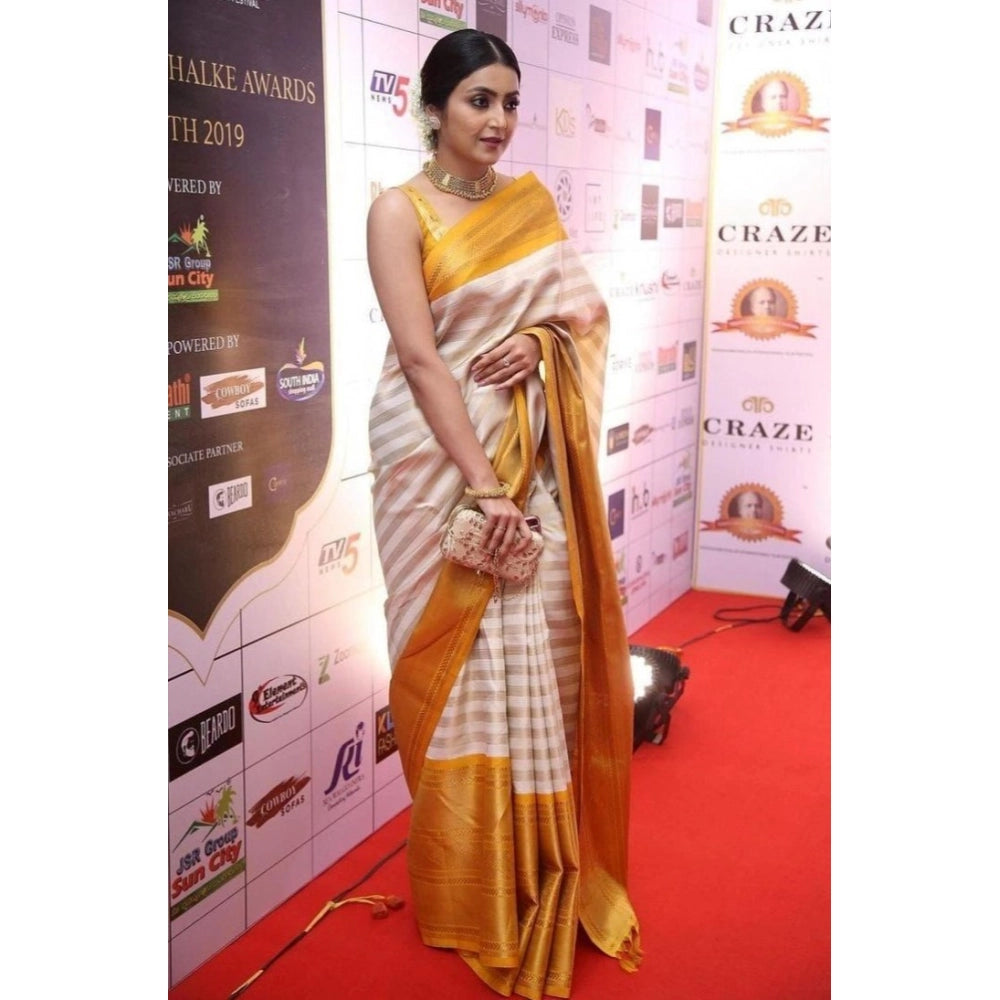 Women's Silk Printed Saree With Unstitched Blouse 5.5Mtr (Off White-Yellow)