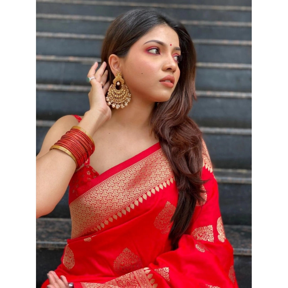 Women's Silk Printed Saree With Unstitched Blouse 5.5Mtr (Red)