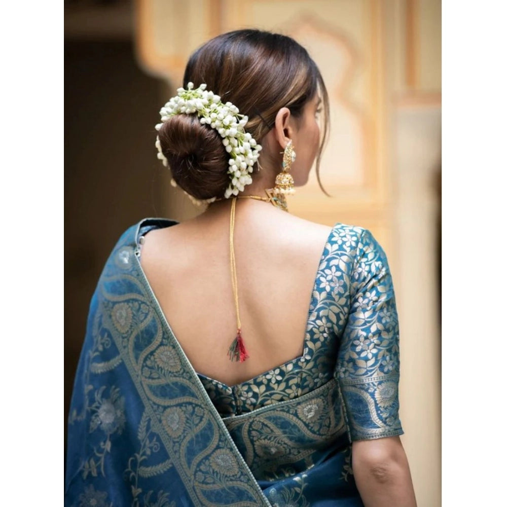 Women's Silk Printed Saree With Unstitched Blouse 5.5Mtr (Teal Blue)