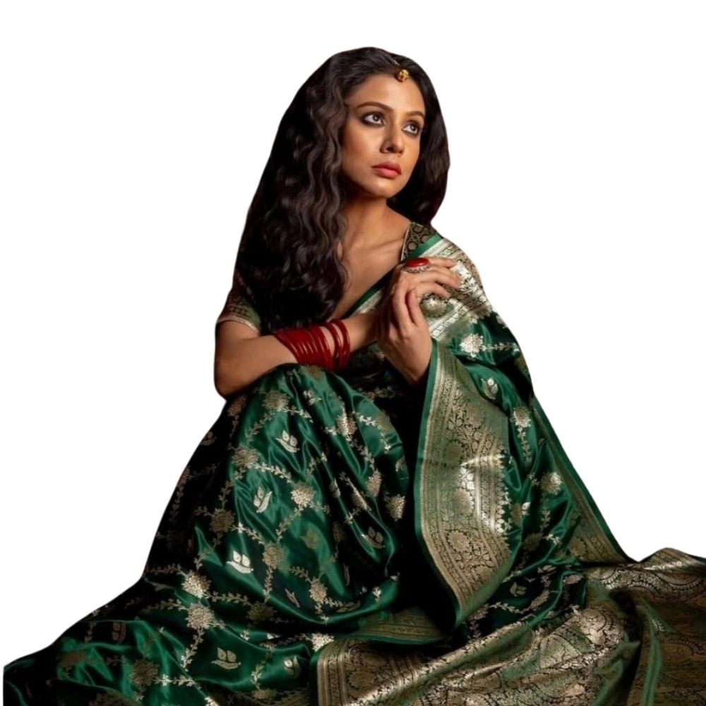 Women's Silk Printed Saree With Unstitched Blouse 5.5Mtr (Dark Green)