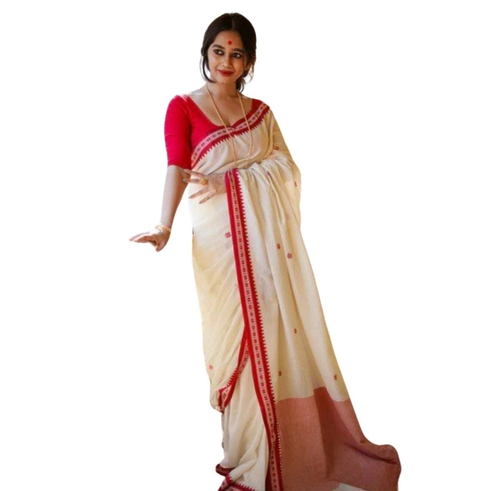 Women's Cotton  Printed Saree With Unstitched Blouse 5.5Mtr (White)
