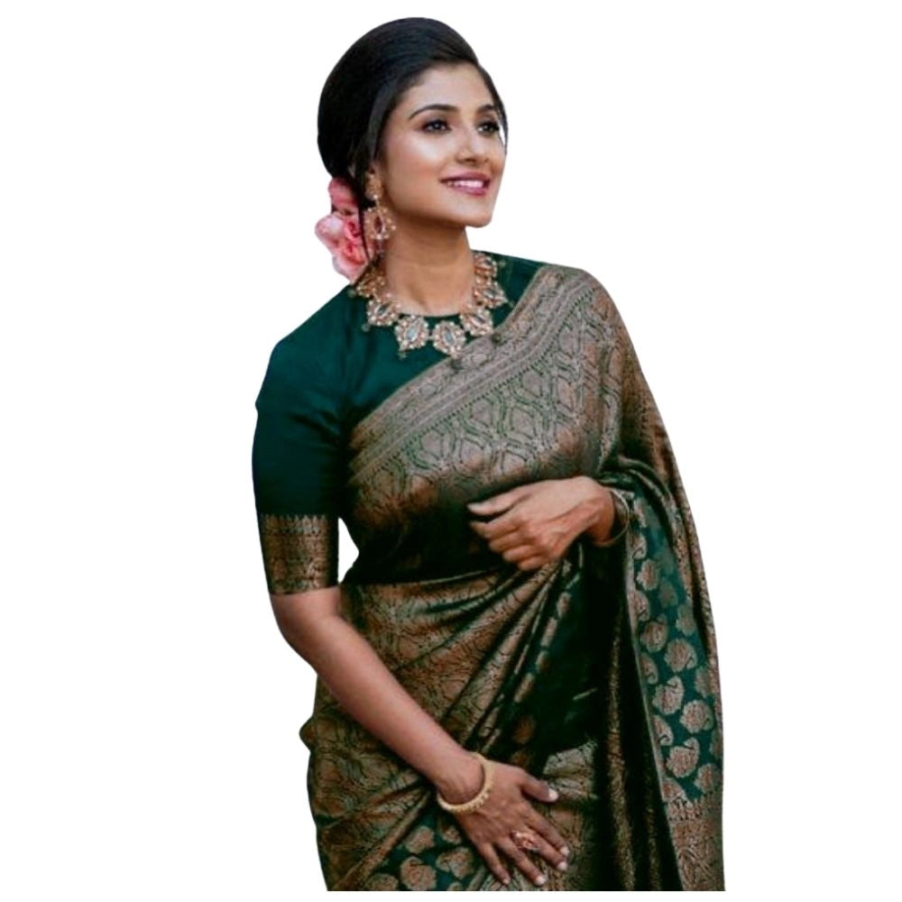 Women's Silk Printed Saree With Unstitched Blouse 5.5Mtr (Green)