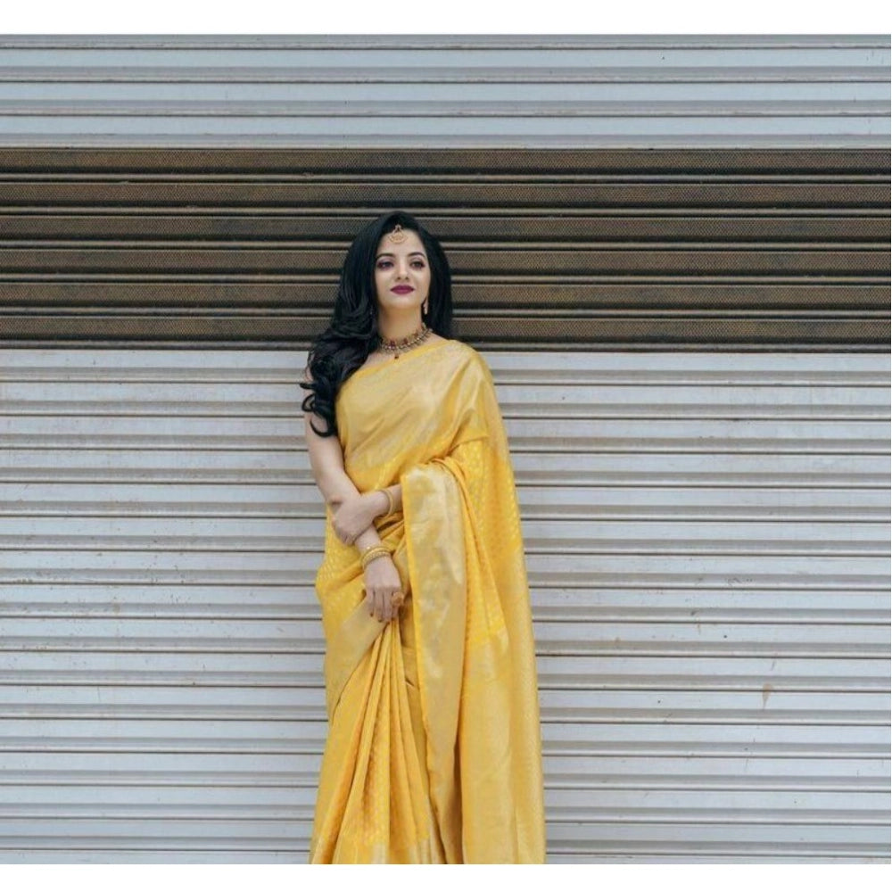 Women's Soft Lichi Silk Printed Saree With Unstitched Blouse 5.5Mtr (Yellow)