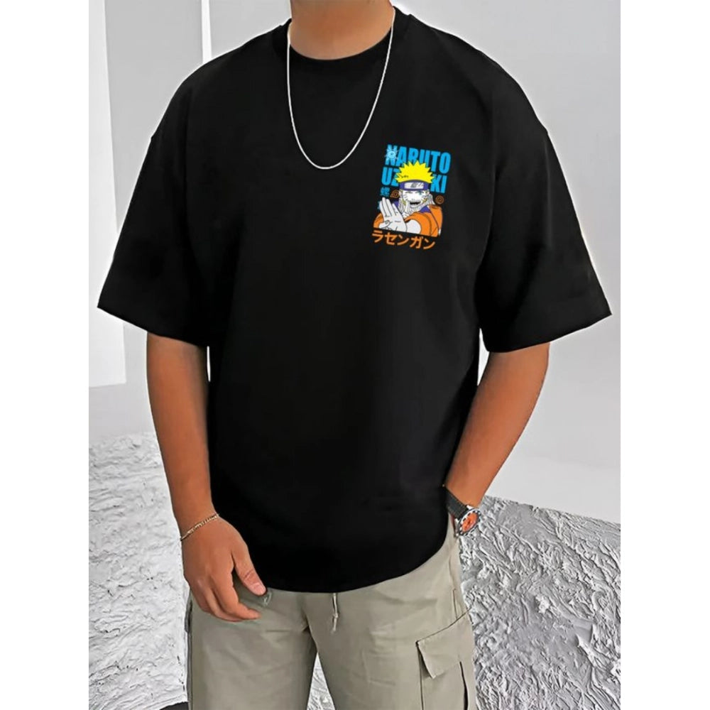 HamariDookan Men's Casual Cotton Blend Printed Round Neck Half Sleeve T-Shirt (Black)