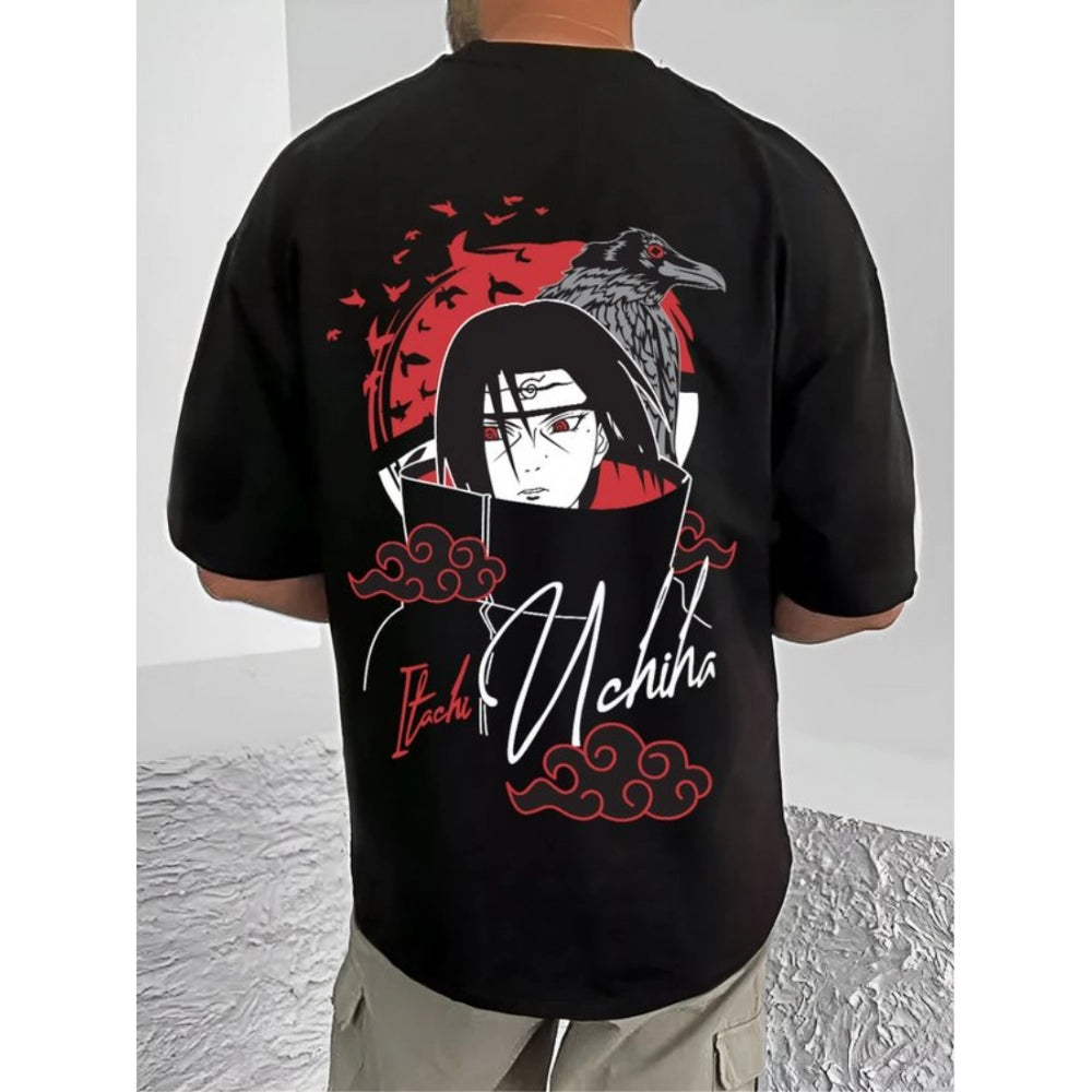 HamariDookan Men's Casual Cotton Blend Printed Round Neck Half Sleeve T-Shirt (Black)