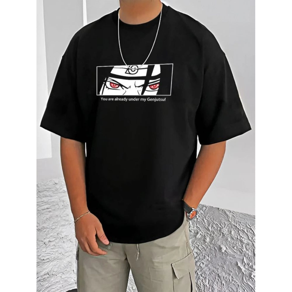 HamariDookan Men's Casual Cotton Blend Printed Round Neck Half Sleeve T-Shirt (Black)