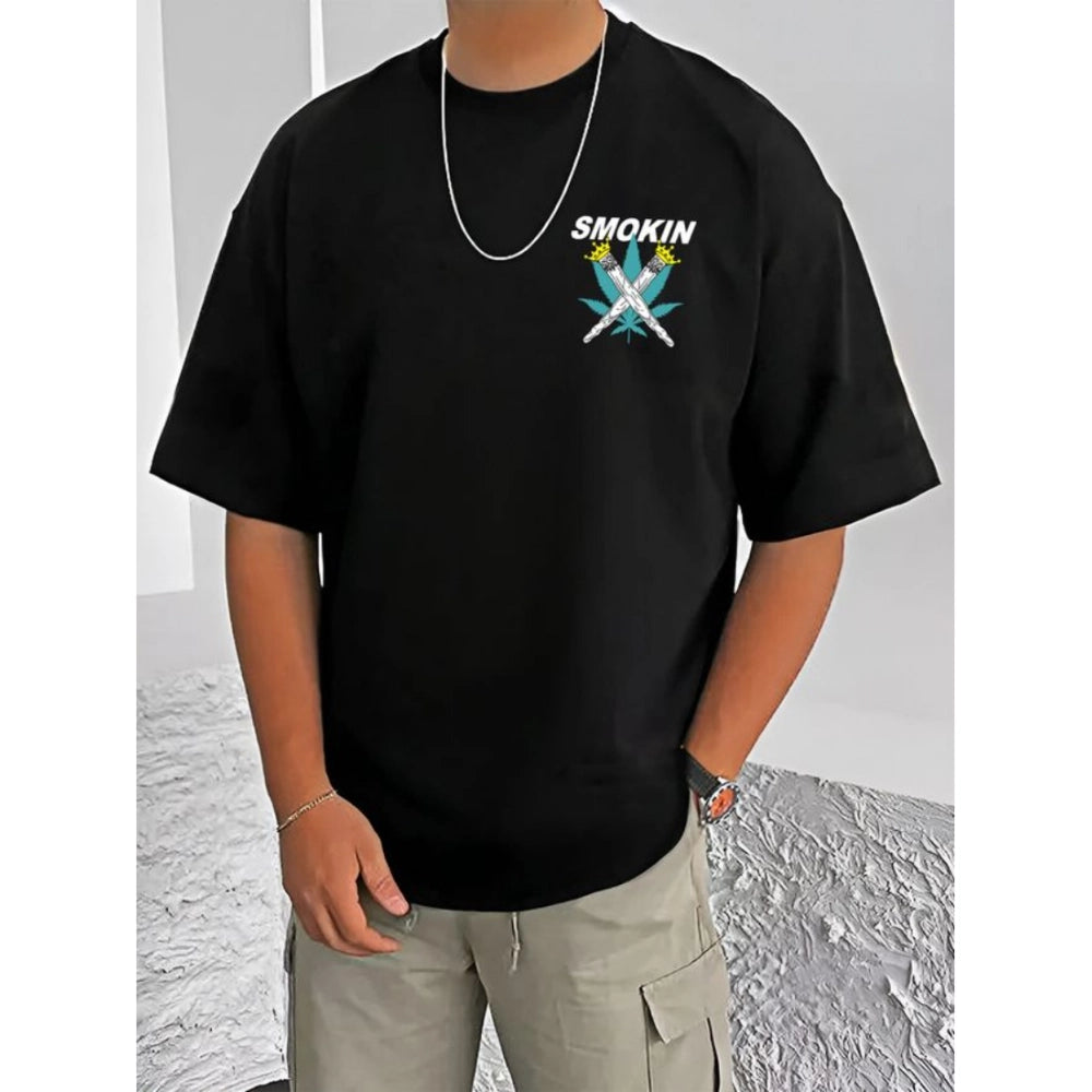 HamariDookan Men's Casual Cotton Blend Printed Round Neck Half Sleeve T-Shirt (Black)