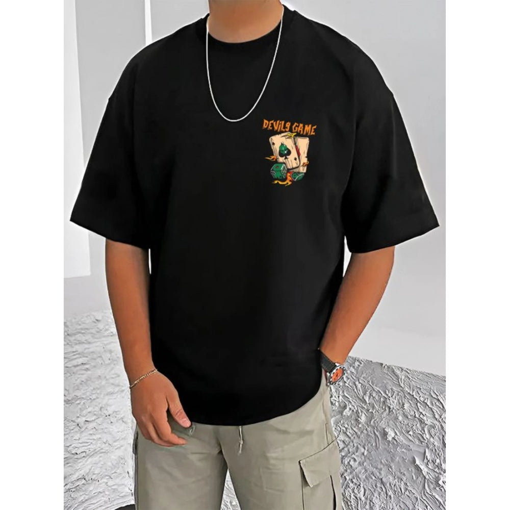 HamariDookan Men's Casual Cotton Blend Printed Round Neck Half Sleeve T-Shirt (Black)