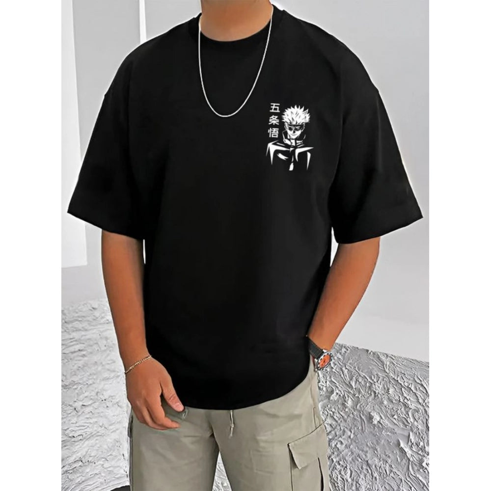 HamariDookan Men's Casual Cotton Blend Printed Round Neck Half Sleeve T-Shirt (Black)