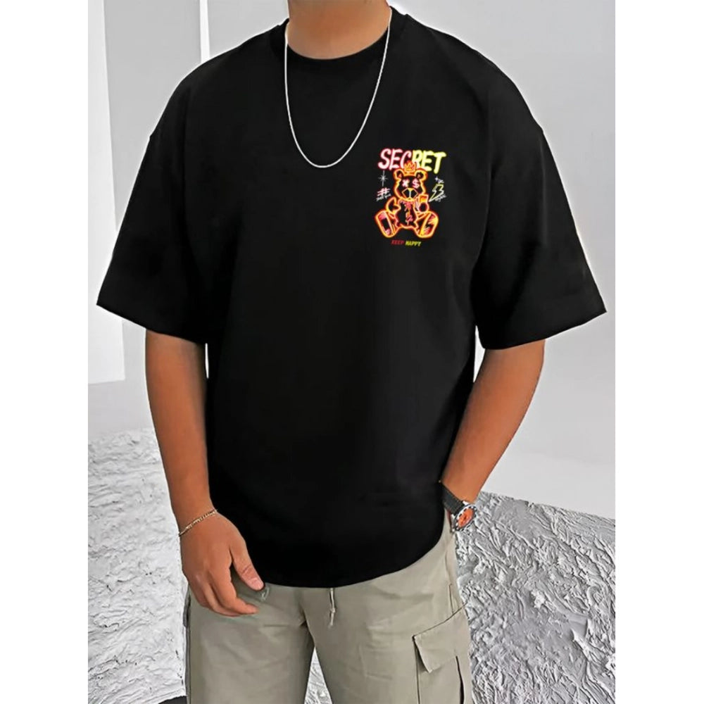 HamariDookan Men's Casual Cotton Blend Printed Round Neck Half Sleeve T-Shirt (Black)