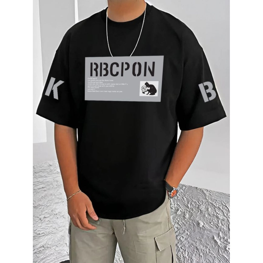 HamariDookan Men's Casual Cotton Blend Printed Round Neck Half Sleeve T-Shirt (Black)