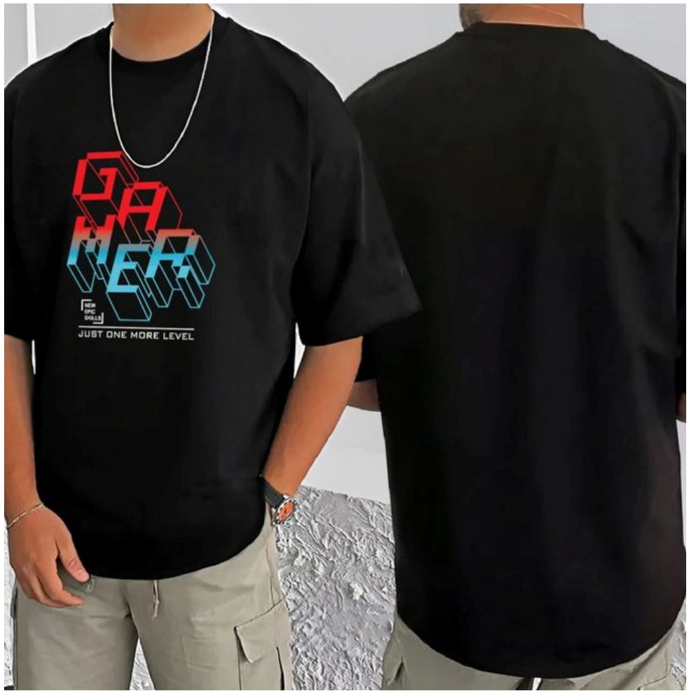 HamariDookan Men's Casual Cotton Blend Printed Round Neck Half Sleeve T-Shirt (Black)