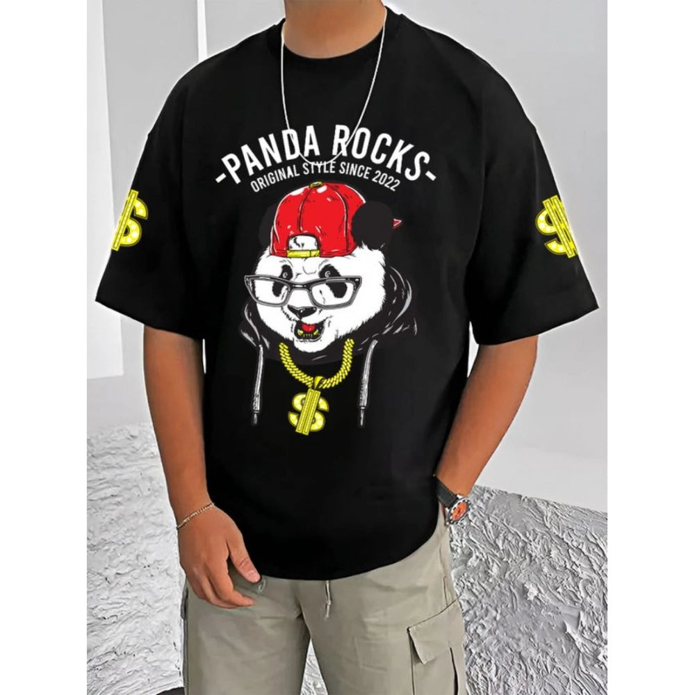 HamariDookan Men's Casual Cotton Blend Printed Round Neck Half Sleeve T-Shirt (Black)