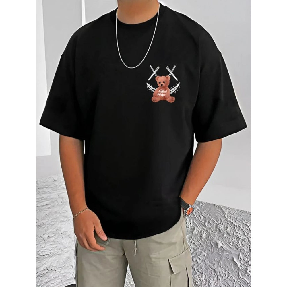 HamariDookan Men's Casual Cotton Blend Printed Round Neck Half Sleeve T-Shirt (Black)
