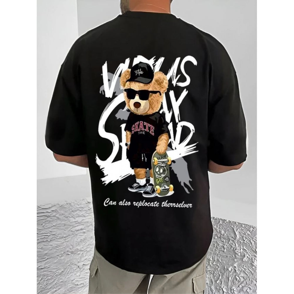 HamariDookan Men's Casual Cotton Blend Printed Round Neck Half Sleeve T-Shirt (Black)