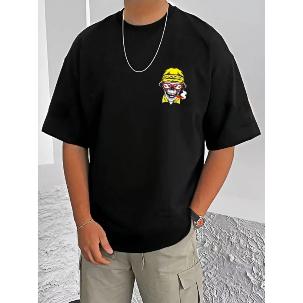 HamariDookan Men's Casual Cotton Blend Printed Round Neck Half Sleeve T-Shirt (Black)
