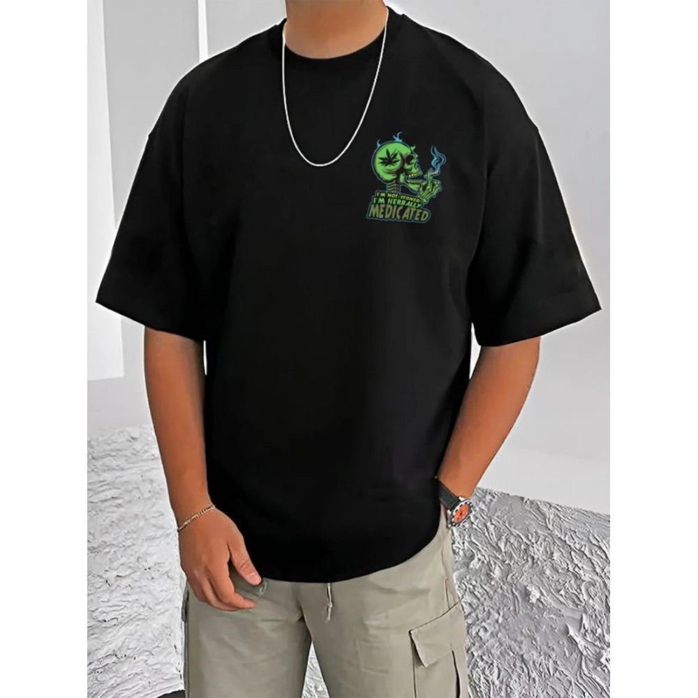 HamariDookan Men's Casual Cotton Blend Printed Round Neck Half Sleeve T-Shirt (Black)