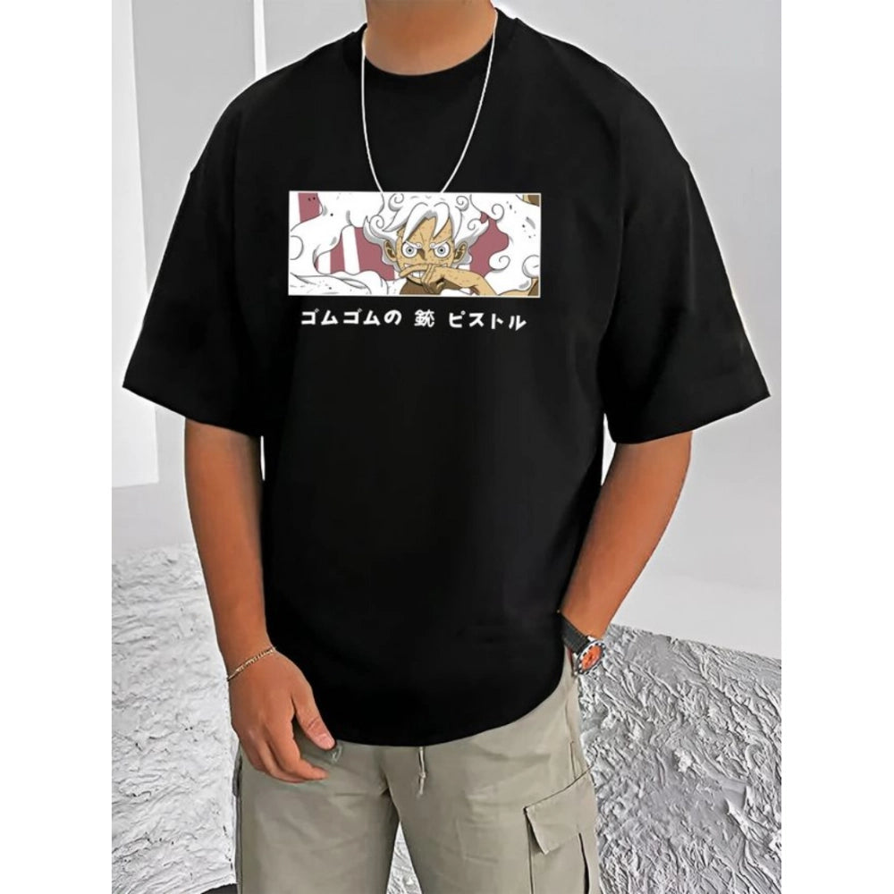 HamariDookan Men's Casual Cotton Blend Printed Round Neck Half Sleeve T-Shirt (Black)