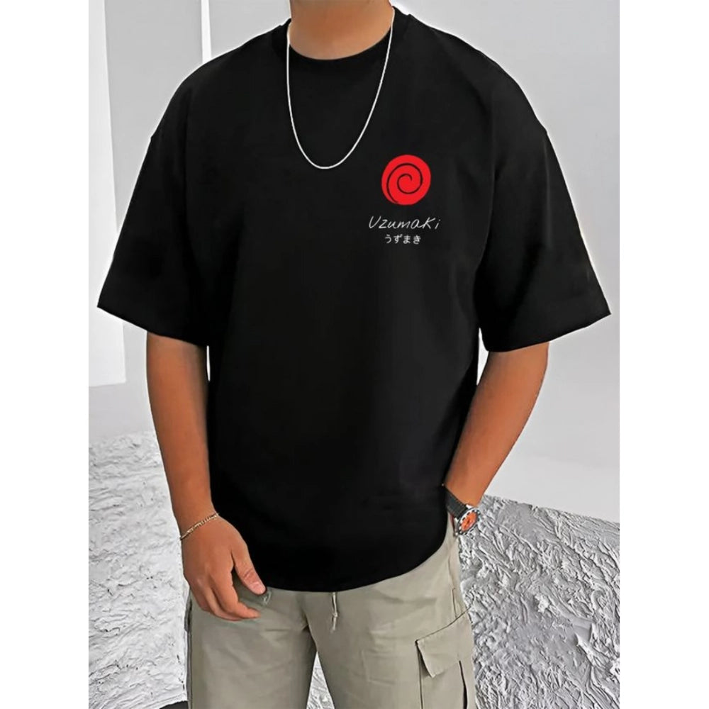 HamariDookan Men's Casual Cotton Blend Printed Round Neck Half Sleeve T-Shirt (Black)