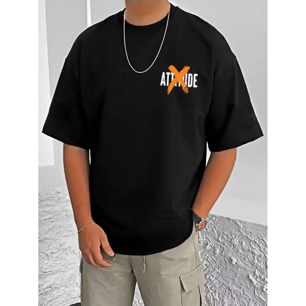 HamariDookan Men's Casual Cotton Blend Printed Round Neck Half Sleeve T-Shirt (Black)
