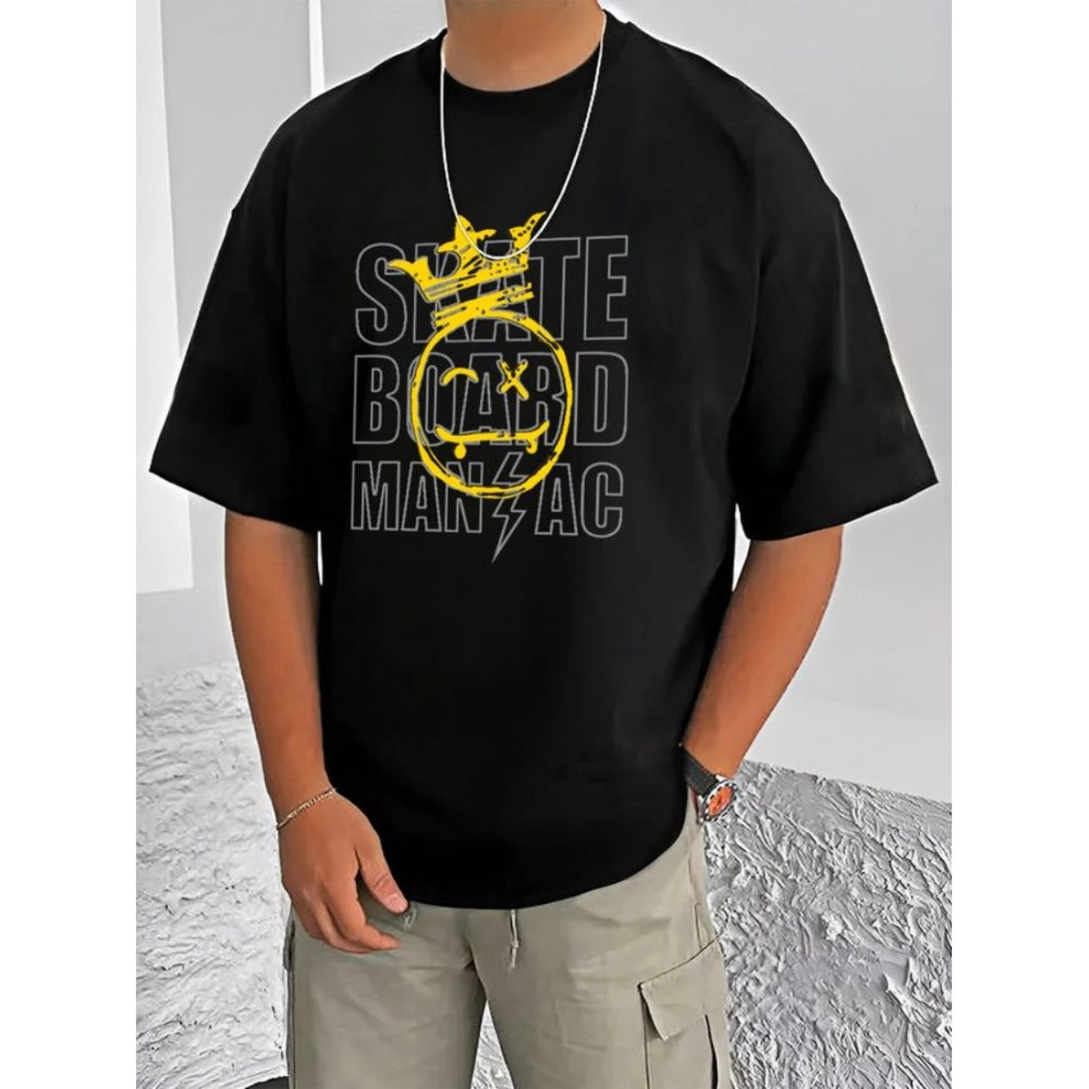 HamariDookan Men's Casual Cotton Blend Printed Round Neck Half Sleeve T-Shirt (Black)