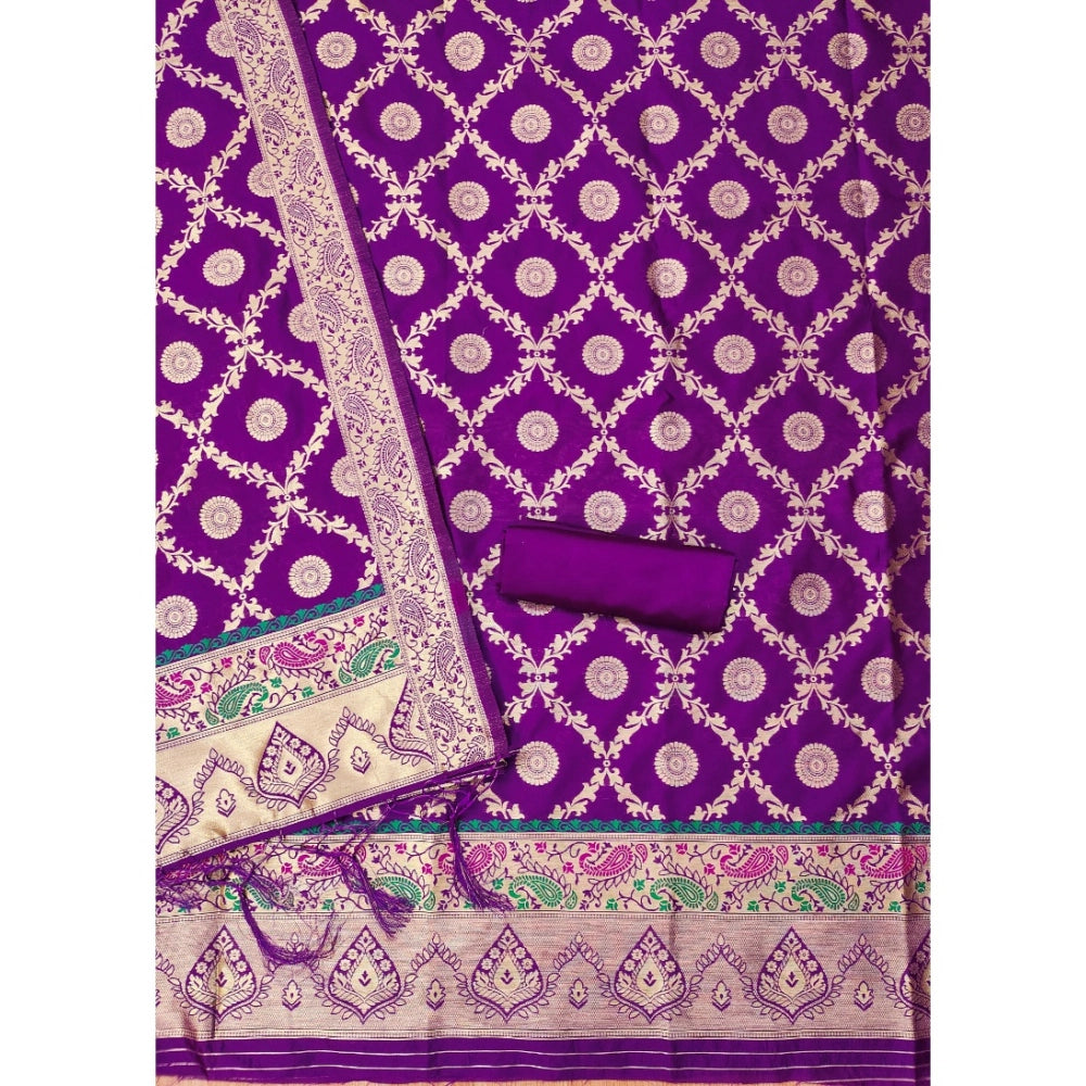 HD Women's Banarasi Silk Printed Unstitched Salwar Suit Material With Dupatta (Purple, 3Mtrs)