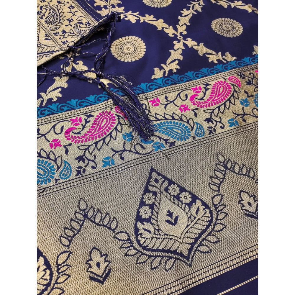 HD Women's Banarasi Silk Printed Unstitched Salwar Suit Material With Dupatta (Navy Blue, 3Mtrs)