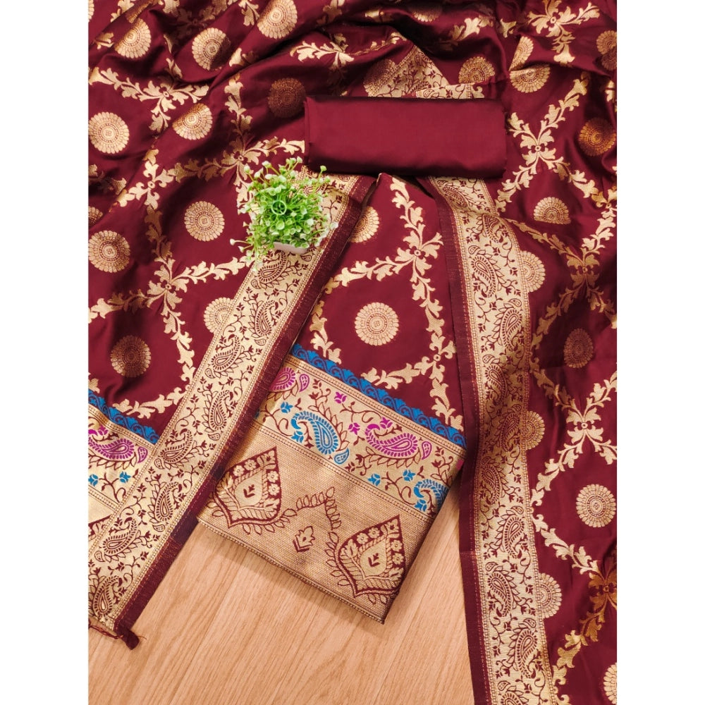 HD Women's Banarasi Silk Printed Unstitched Salwar Suit Material With Dupatta (Maroon, 3Mtrs)